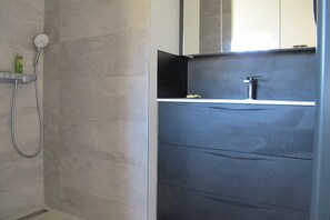 Shower, hair dryer, towels