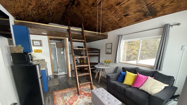 A cozy living room with a grey sofa, colorful cushions, a wooden ladder, a black refrigerator, and a patterned rug. - Modern Cabin @ Moose Tracks Lodging (Kenai)