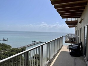 Enjoy breathtaking views of the calm water from this balcony with a pier in the distance.