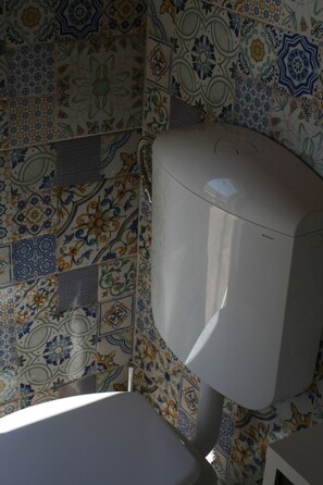 Ein Badezimmer mit Toilette und einer Wand mit gemusterten Fliesen.
