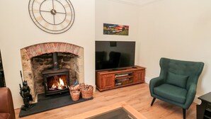 A living room with a stone fireplace, a television on a wooden stand, a green armchair, and a glass coffee table. - The Old Sweet Shop (Alnwick)