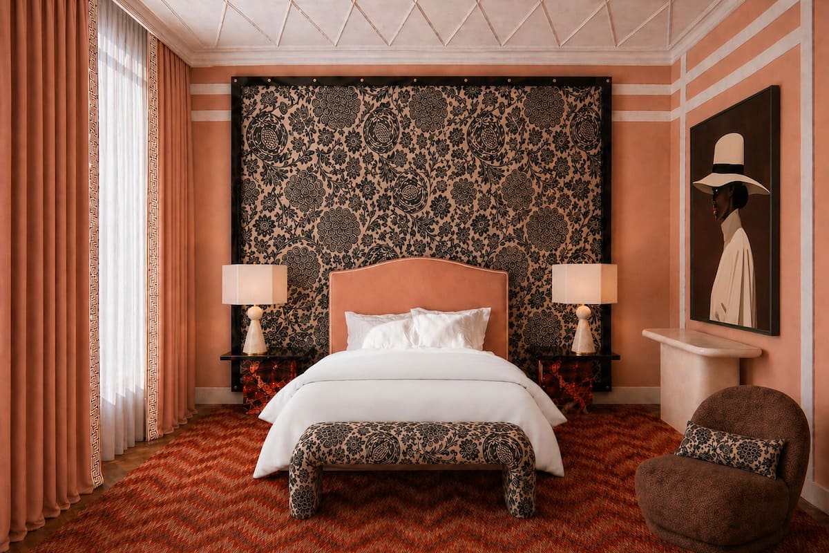 Une chambre d’hôtel avec un papier peint à motifs, un lit avec du linge de lit blanc, deux tables de chevet avec des lampes, un banc et une chaise.