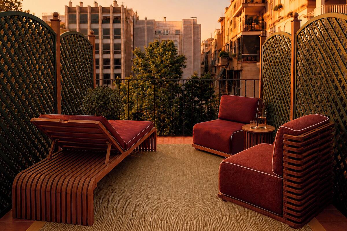 Un balcon agrémenté d’un canapé, d’une chaise et d’une petite table, le tout entouré d’une clôture en treillis.