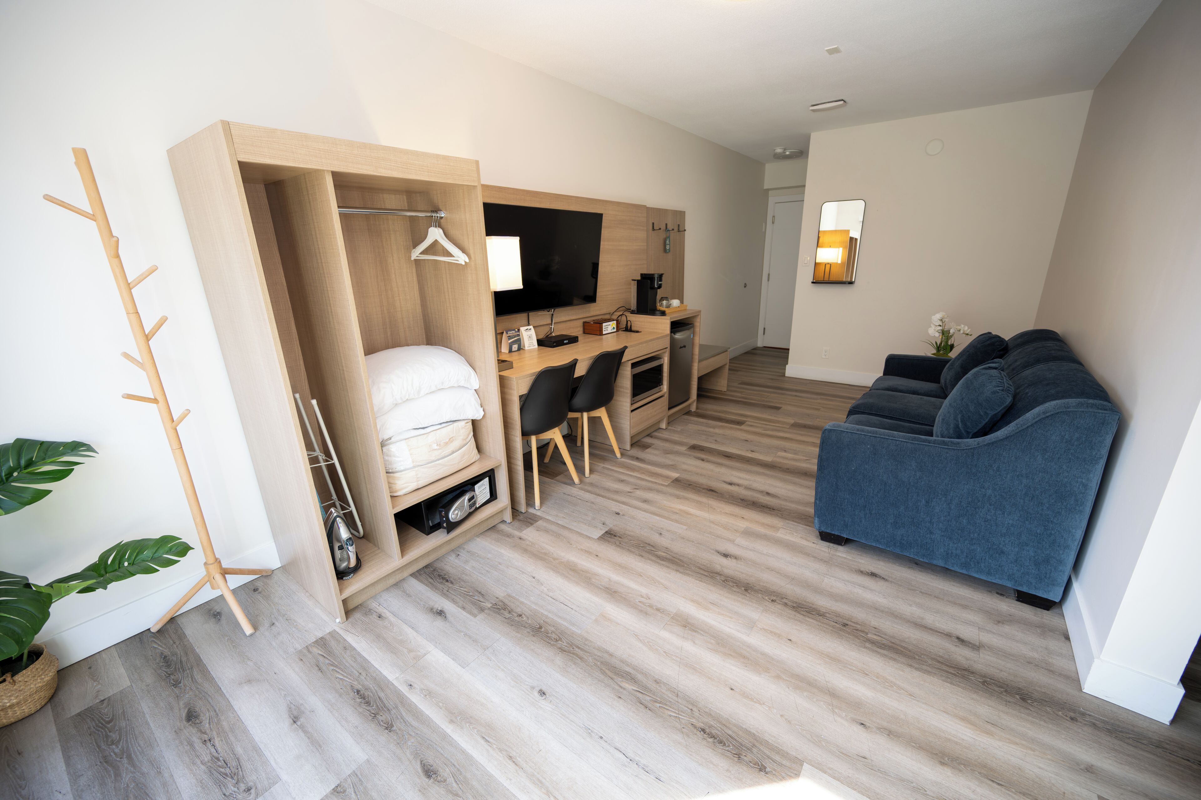 A compact living space with a bed, desk, and seating area, featuring a TV, coffee machine, and a plant.