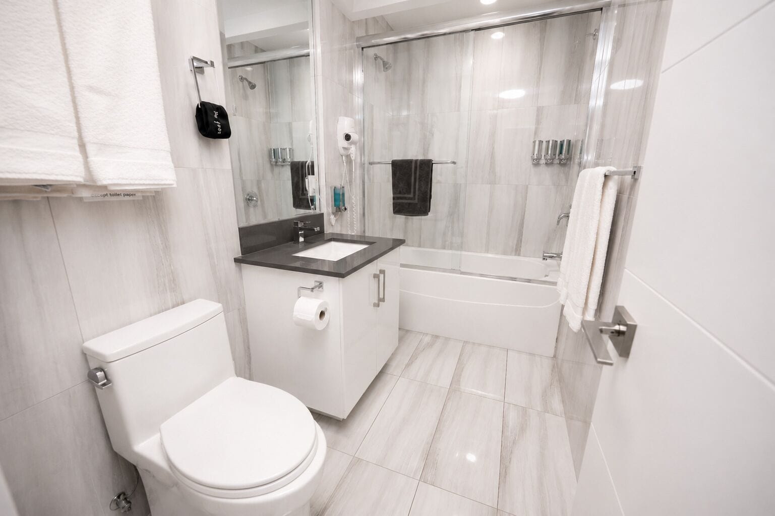 Hair dryer, towels, soap, shampoo