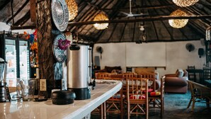 A bar area with a counter, a coffee maker, and a ceiling fan. - Hostel Oryx Tulum (Tulum)