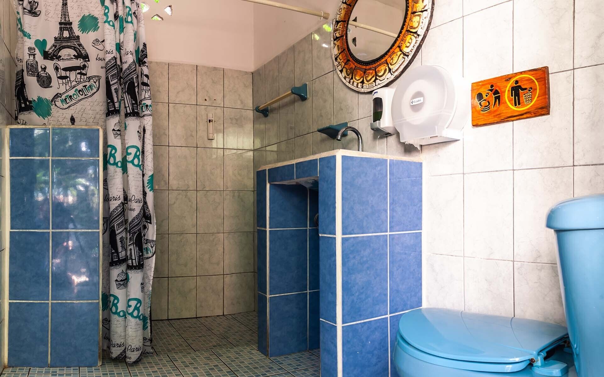 A bathroom with blue tiles, a shower, a toilet, and a mirror with a decorative frame.