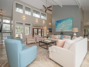House, Multiple Beds, Kitchen, Pool View (17 South Live Oak) | Living area | 40-inch TV with digital channels - 17 South Live Oak at The Sea Pines Resort (Hilton Head Island)