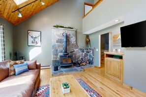 Televisión, chimenea y libros 