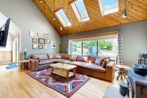 Televisión, chimenea y libros 