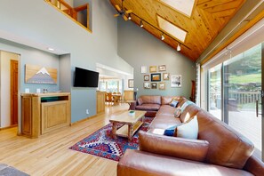 Televisión, chimenea y libros 