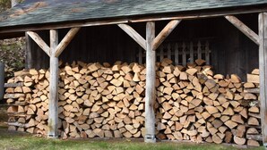 A rustic wooden structure with a slanted roof, supporting a stack of neatly arranged firewood.