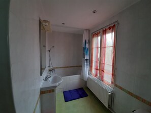 Combined shower/bathtub, hair dryer, toilet paper