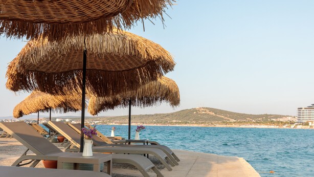 A beachside lounge area with thatched umbrellas, lounge chairs, and a view of the sea.