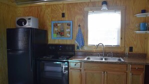 A compact kitchen with a refrigerator, stove, microwave, and sink.