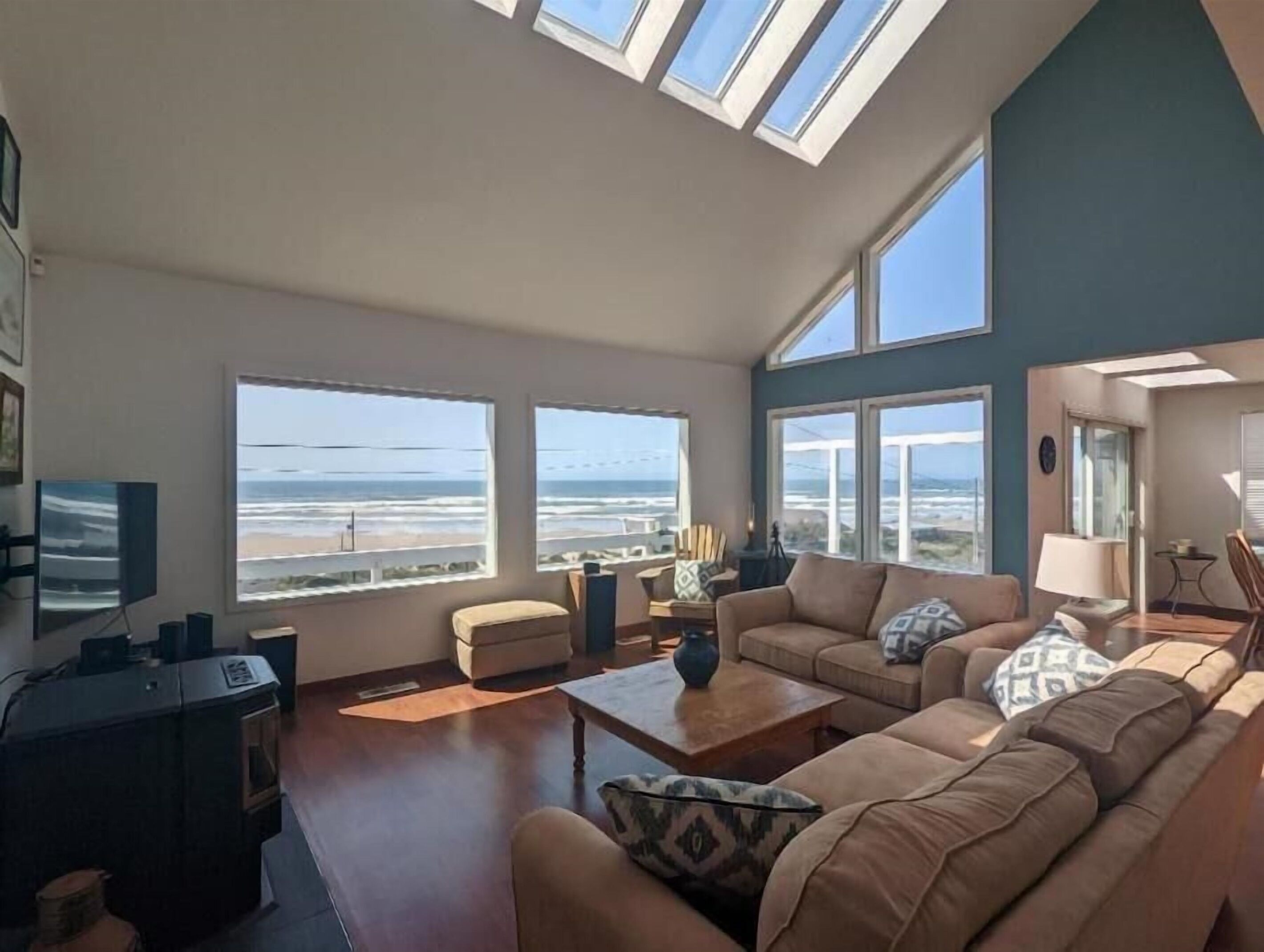 TV, fireplace, books