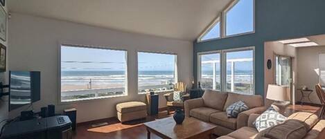 TV, fireplace, books