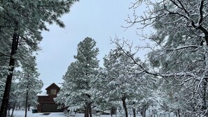Un sendero cubierto de nieve que lleva a una cabaña de madera junto a un albergue.