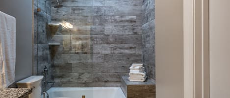 Combined shower/bathtub, hair dryer, towels, shampoo
