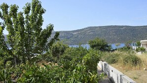 Blick auf eine Küstenlandschaft mit befestigtem Weg, viel Grün und einem Gewässer im Hintergrund.