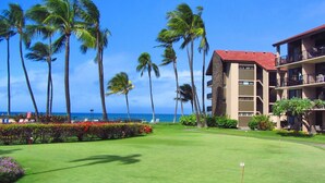 Een goed onderhouden golfbaan met uitzicht op de oceaan en palmbomen, naast een meerlaags hotel met balkons.