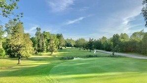 Un campo de golf con un mástil de bandera, árboles y cielo despejado.