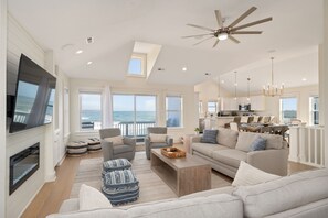 Smart TV, fireplace, DVD player, books