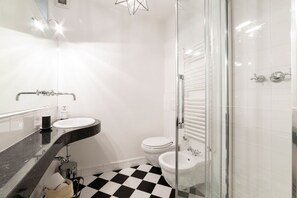 Shower, hair dryer, bidet, towels