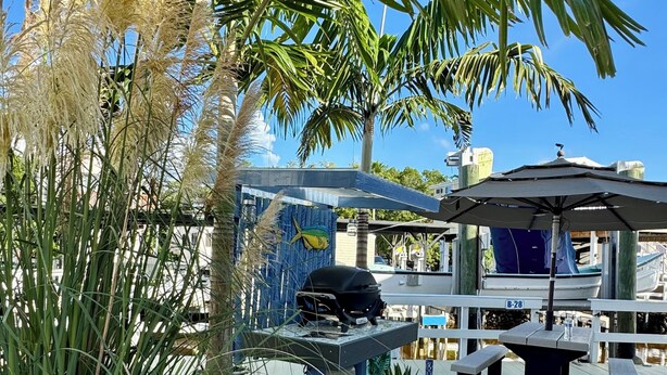A patio area with a grill, picnic table, and palm trees.