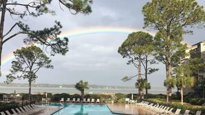 Ein Pool mit Liegestühlen, umgeben von Bäumen und Blick auf das Wasser.