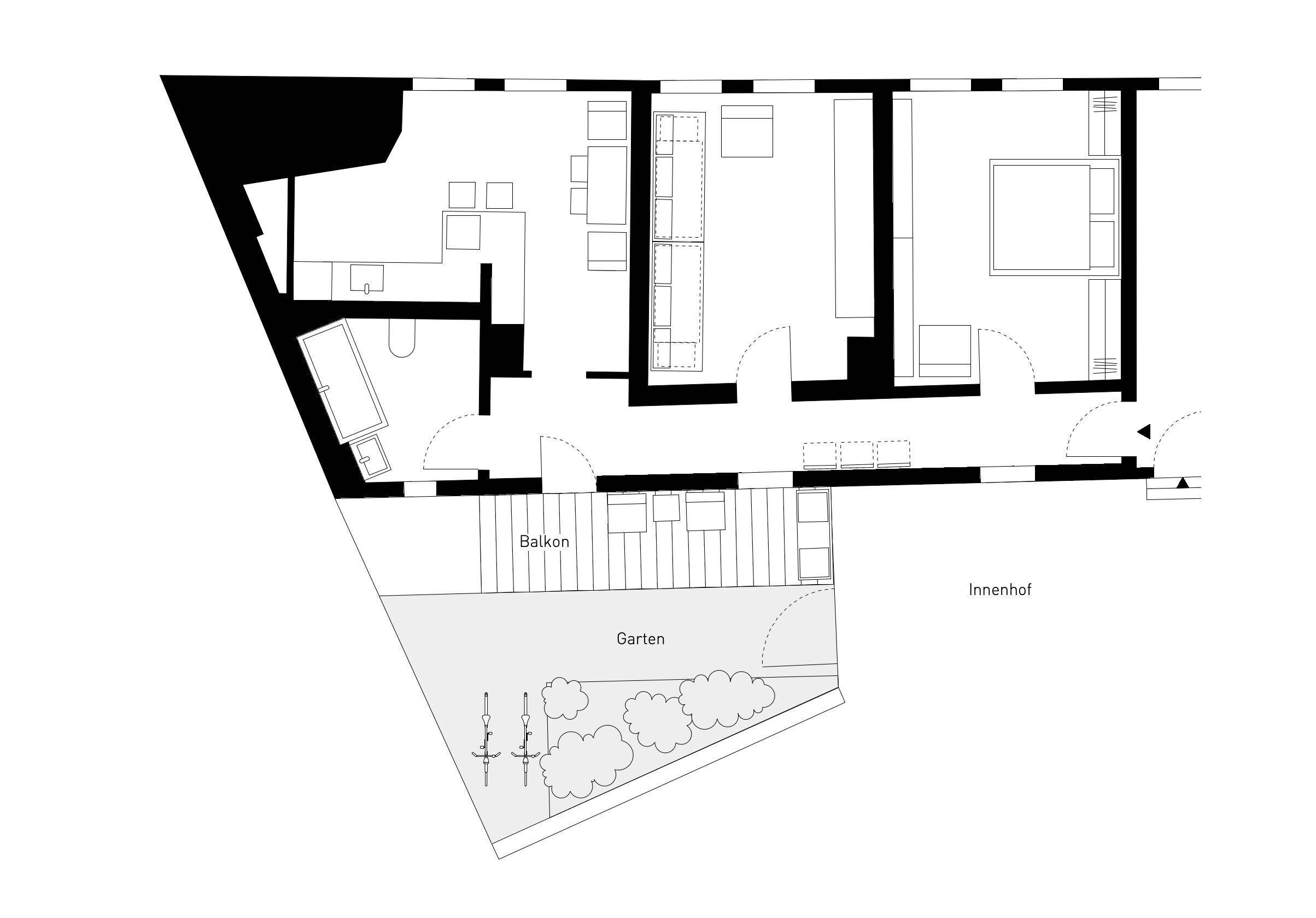 Plano de planta con balcón, jardín y espacios interiores.