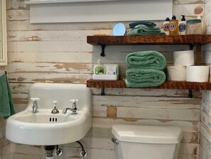 Duschwanne, Haartrockner, Handtücher, Seife