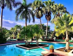 Une piscine entourée de palmiers, avec un ciel bleu dégagé.