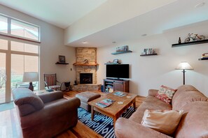 TV, caminetto, lettore DVD, libri