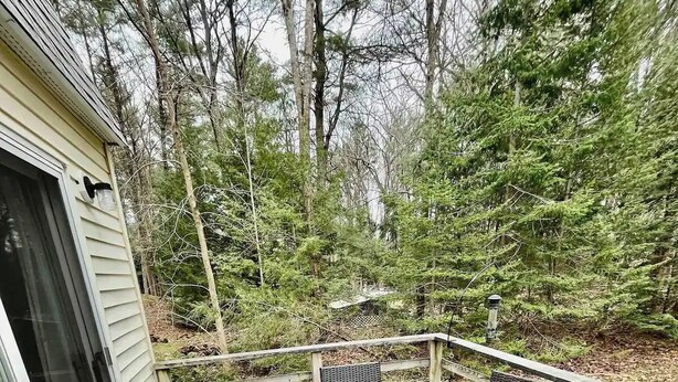 Une terrasse en bois avec une table et des chaises, entourée d’arbres.
