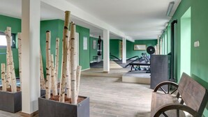 A gym with exercise equipment, a bench, and birch trees in planters. - Lounge an der Kirche by Interhome (Hehlen)