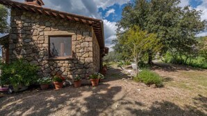 A stone house with a rustic roof, a framed picture on the wall, and potted plants in the foreground. - Fonte al Tesoro by Interhome (Sassofortino)