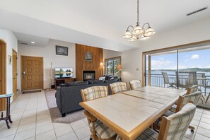 TV, fireplace, books