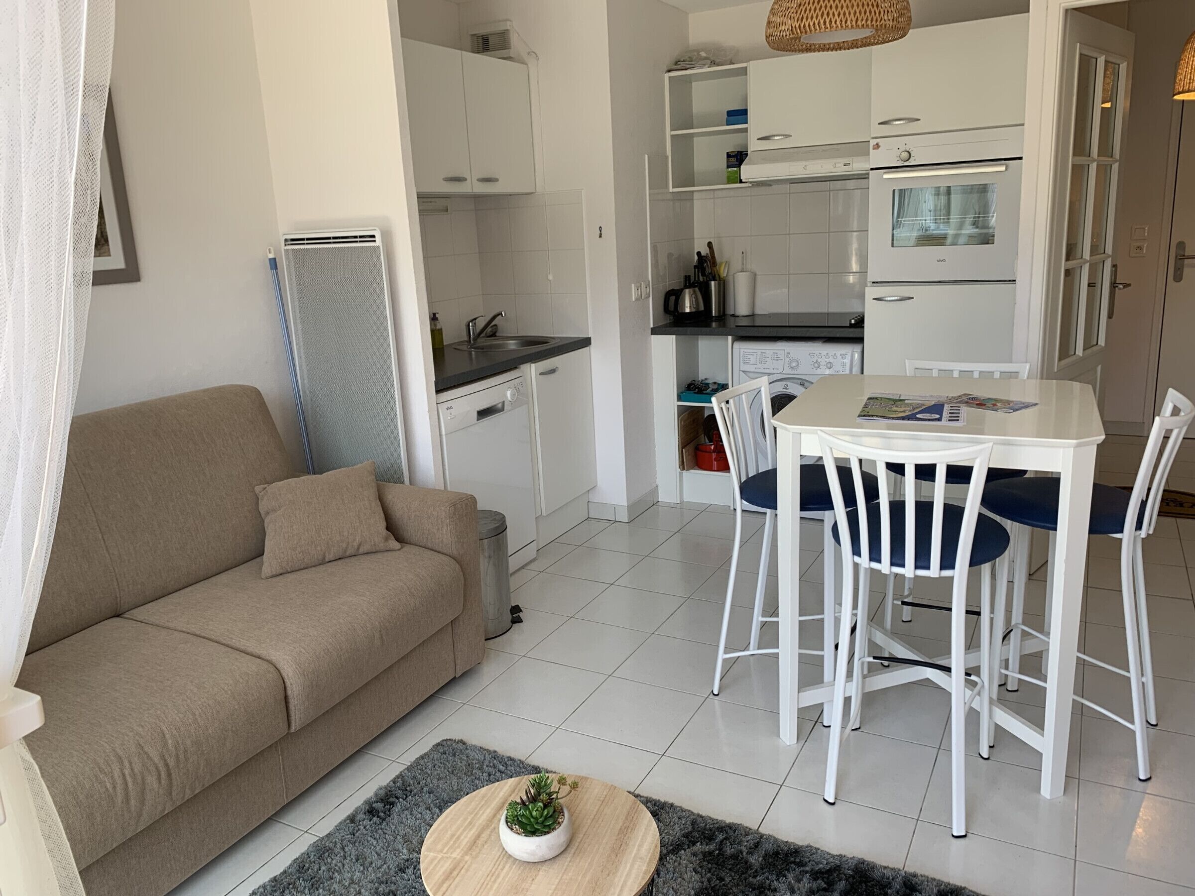 A modern living room with a sofa, a dining table with chairs, a small round table with a plant, and a kitchen area with cabinets and appliances.