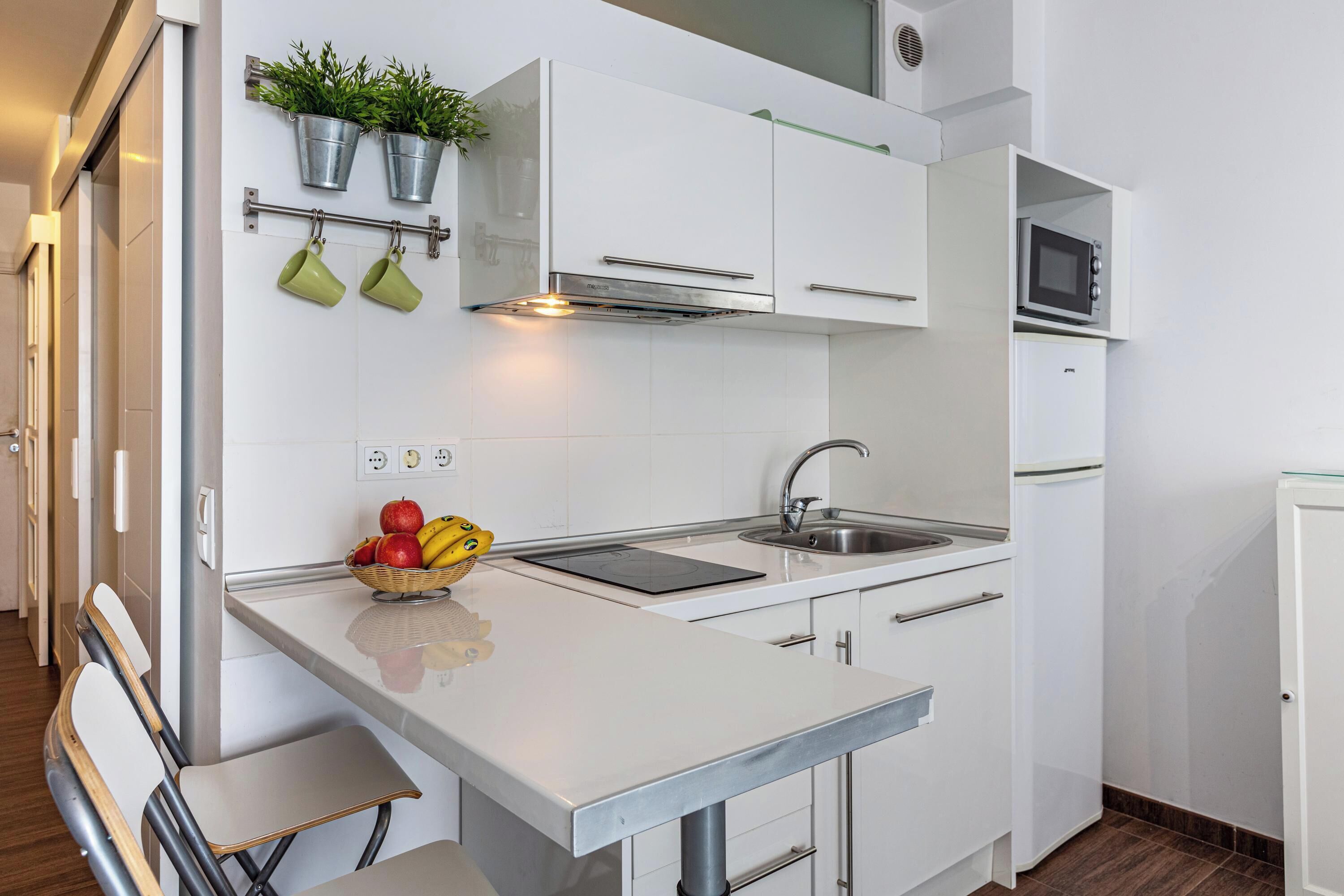 Een koelkast, een magnetron, een kookplaat