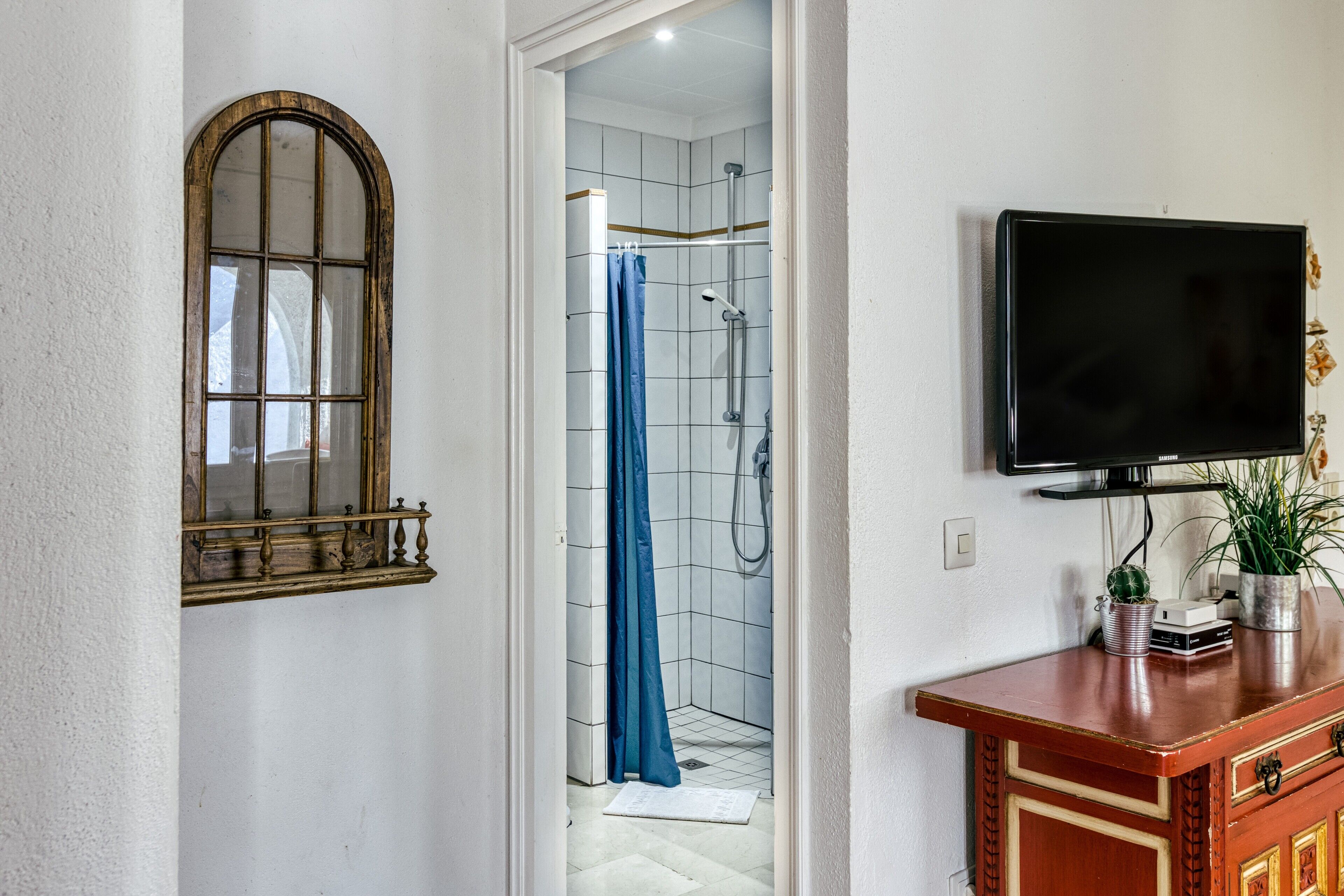 Une salle de bain équipée d’une douche, d’un miroir, d’une télévision et d’un meuble contenant des objets décoratifs.
