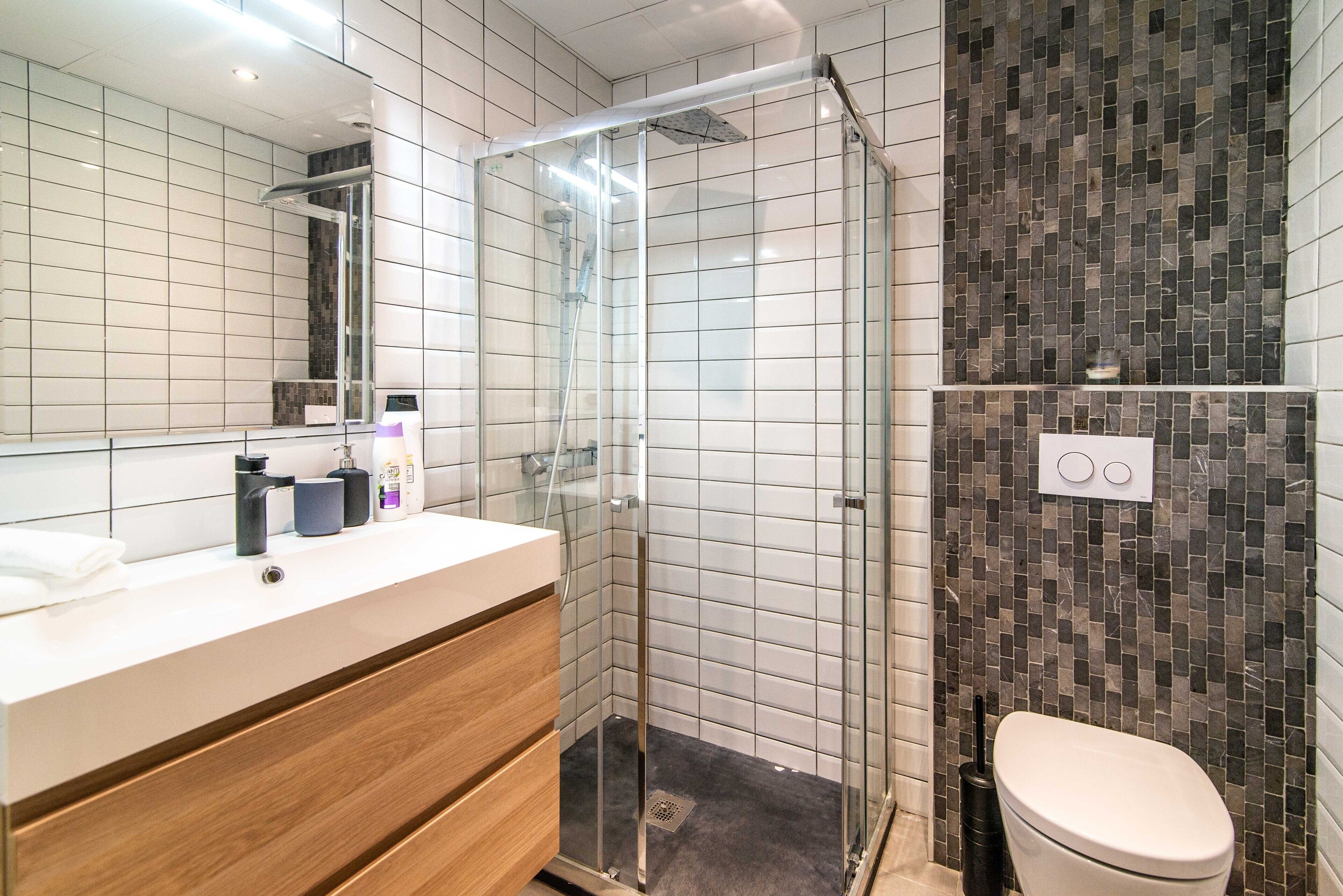 Shower, hair dryer, towels