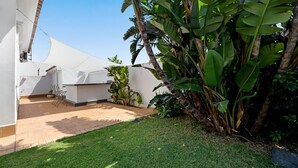 Un patio con un muro blanco, una palmera y un pequeño jardín.