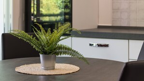 A round dining table with a woven placemat, a potted fern, and a dark brown chair. - Il Professore: front lake apartment (Manerba del Garda)
