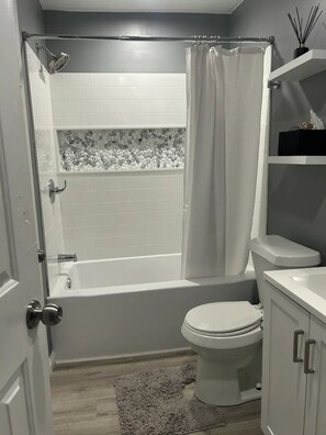 Combined shower/tub, hair dryer, bidet, towels