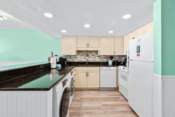 Fridge, microwave, oven, stovetop - Modern and Clean Condo, Indoor and Outdoor Pools | Waterpointe II - 304 (North Myrtle Beach)