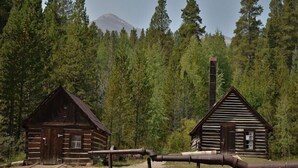 Two wooden cabins with a log fence in front, set in a forest with a mountain in the background.