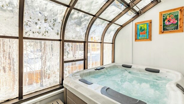 Un jacuzzi en una habitación con ventanas amplias y dos carteles enmarcados en la pared.