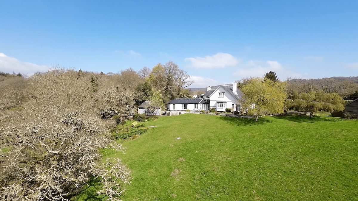 Une grande maison avec une pelouse bien entretenue et des arbres en arrière-plan.