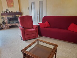 Televisie, een open haard, een tafeltennistafel en boeken